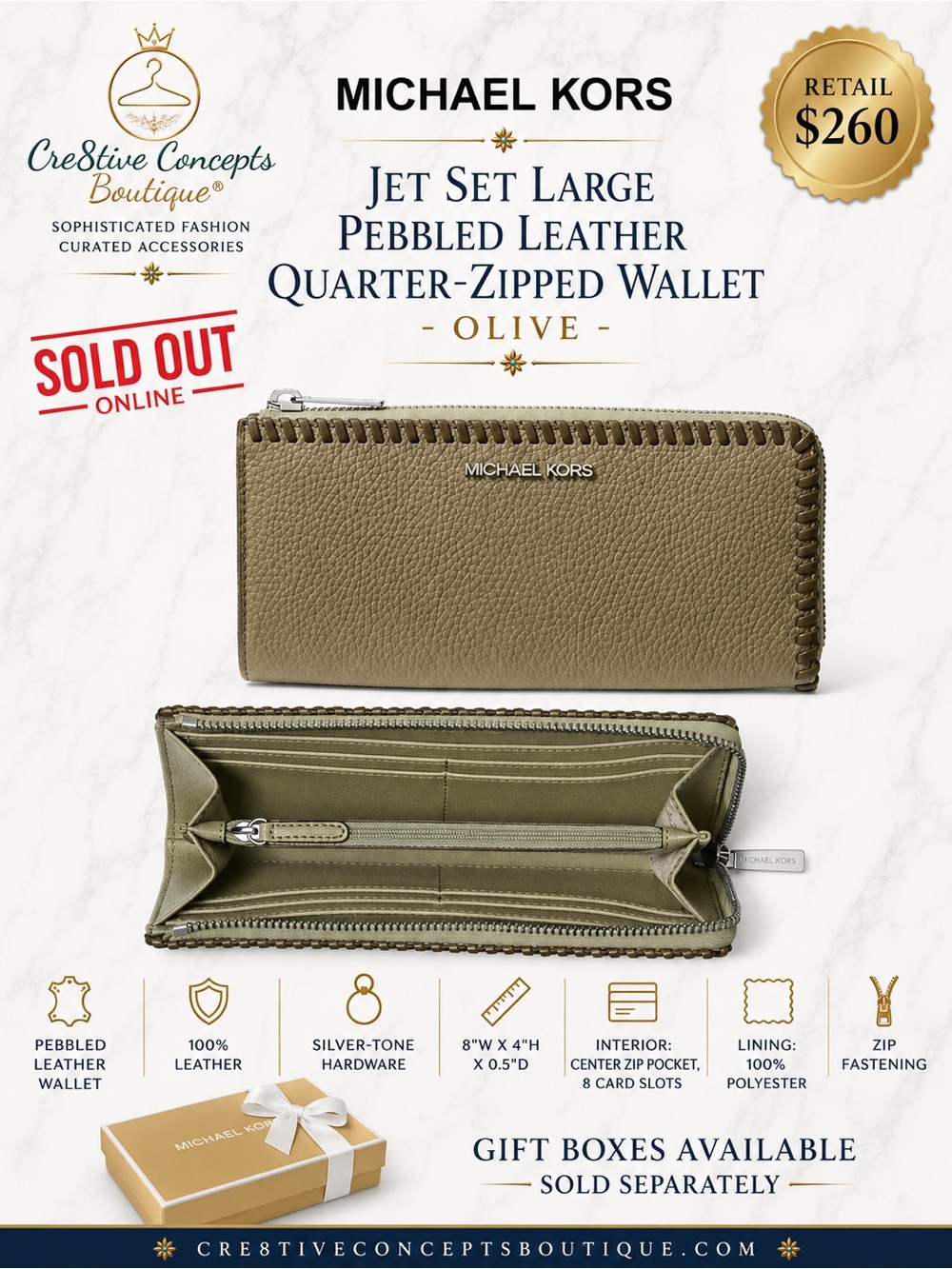 Michael Kors, Jet Set Large Pebbled Leather Quarter-zipped Wallet-Olive-One